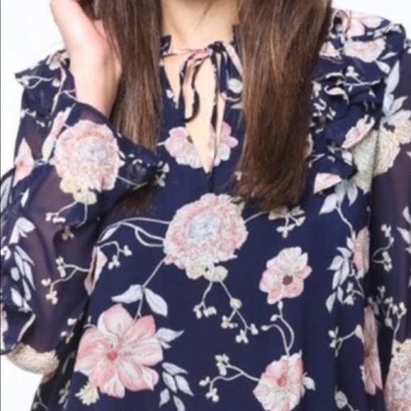 Love Riche Navy Blue Floral Ruffle Sleeves Chiffon Lined Dress NWT - Picture 3 of 10